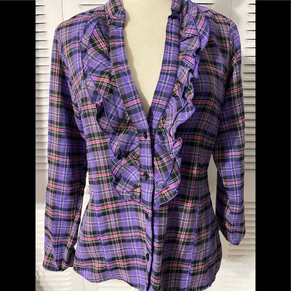 Plaid Ruffle Blouse - Purple